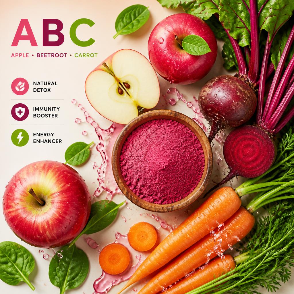 Fresh apple, beetroot and carrot with ABC powder